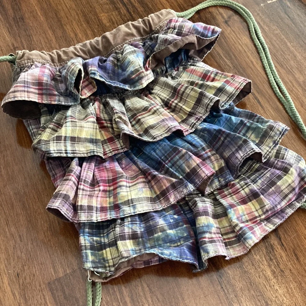 Ruffled Drawstring Bag Backpack Plaid Brown Frills Y2K Casual Lizzie McGuire